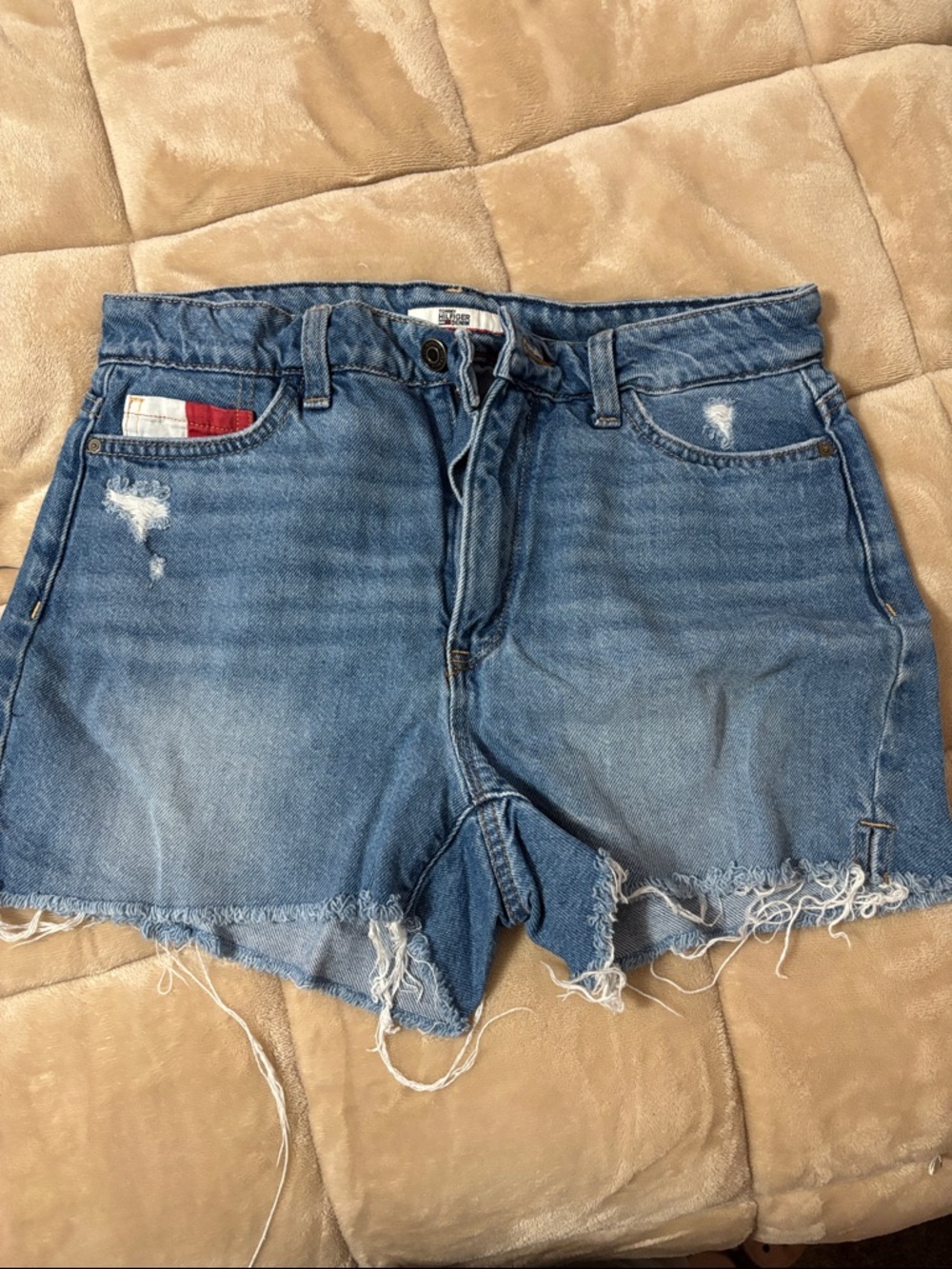 Tommy Hilfiger Medium Blue Distressed Denim Cutoff Shorts
